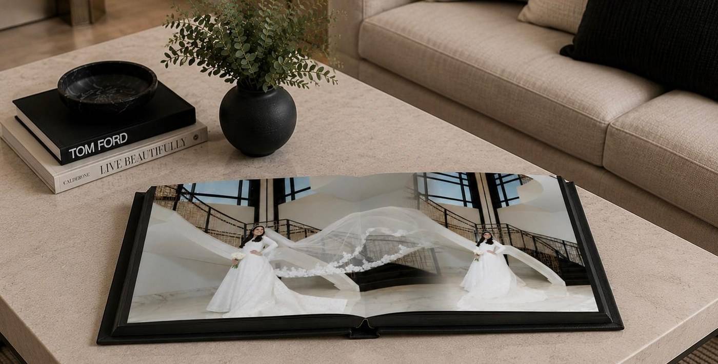 A luxury leather wedding album designed and printed by Albm Studio